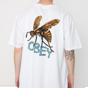 4/$20 DEAL -- White Obey skate graphic tee with orange and blue bee